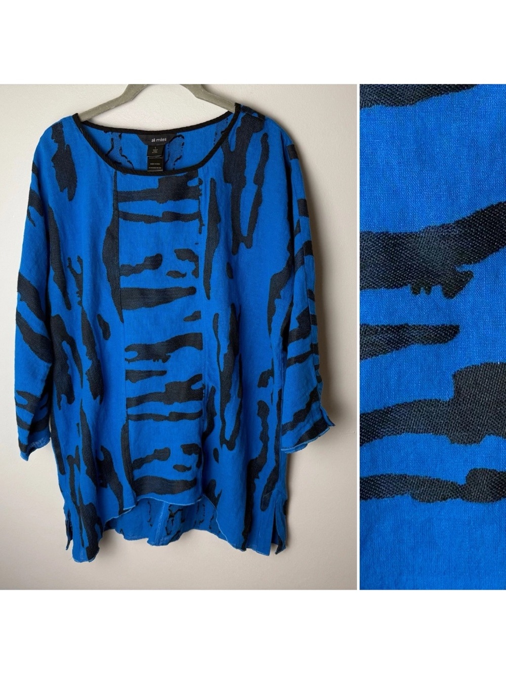 Ali Miles Tunic Top Size Large 3/4 Sleeves Linen Cotton Blend Blue Black Casual